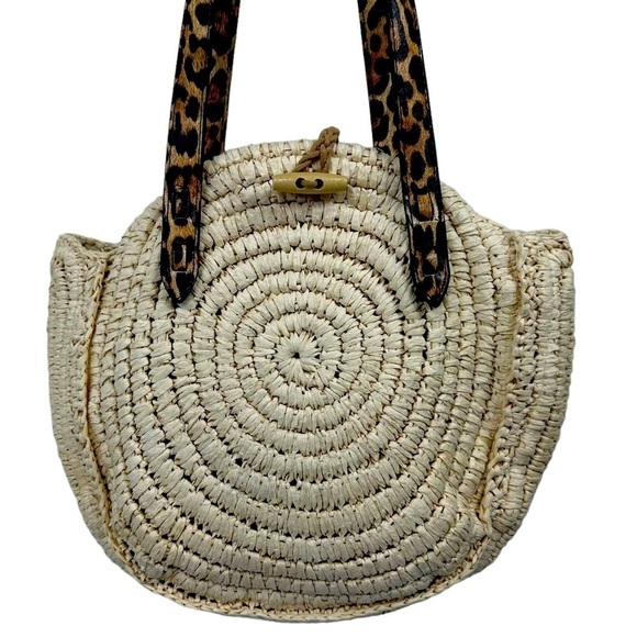 International Concepts Melania Circle Natural Tan Straw Circle Leopard Handbag - Picture 4 of 14